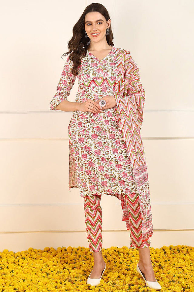 Pink Cotton Floral Printed Straight Cut Suit Set