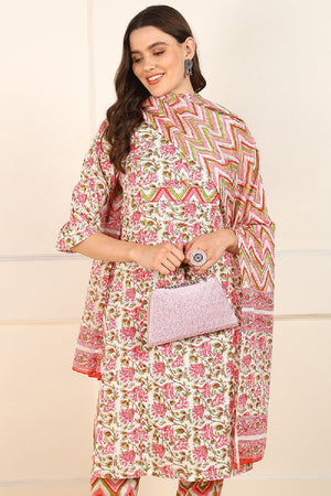 Pink Cotton Floral Printed Straight Cut Suit Set