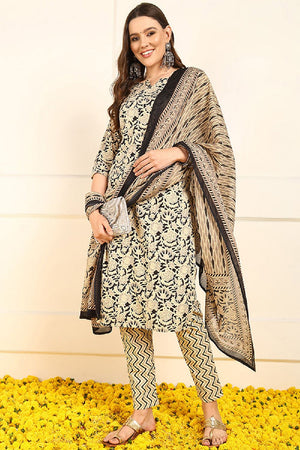 Black Pure Cotton Floral Printed Straight Cut Suit Set