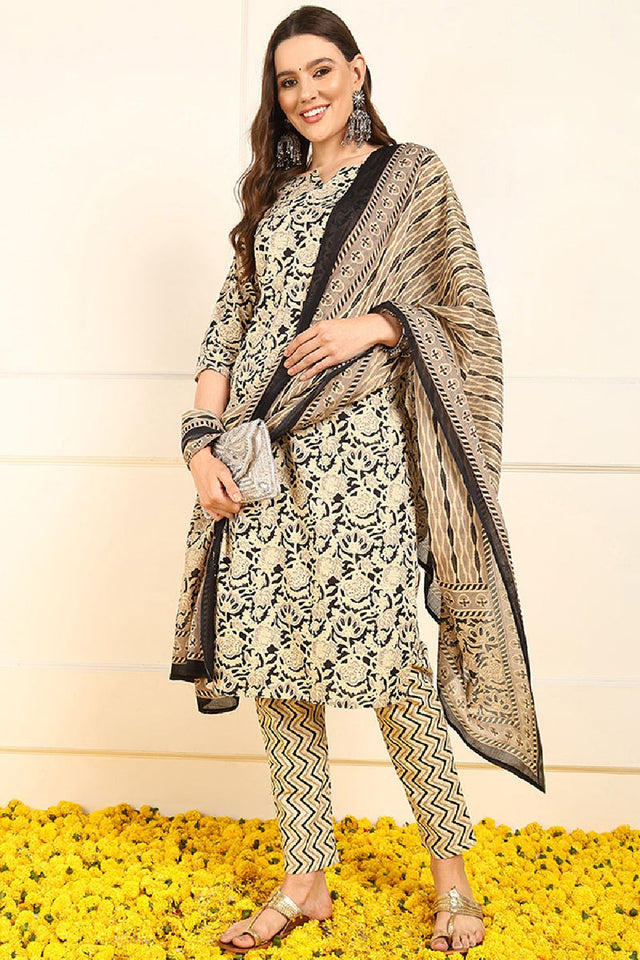 Black Pure Cotton Floral Printed Straight Cut Suit Set