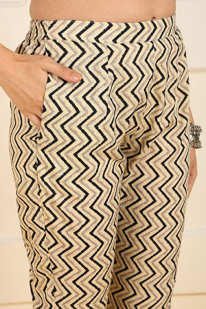 Black Pure Cotton Floral Printed Straight Cut Suit Set