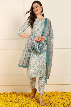 Teal Pure Cotton Floral Printed Straight Cut Suit Set