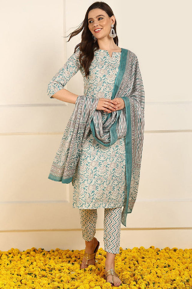 Teal Pure Cotton Floral Printed Straight Cut Suit Set