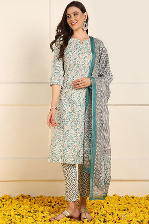 Teal Pure Cotton Floral Printed Straight Cut Suit Set
