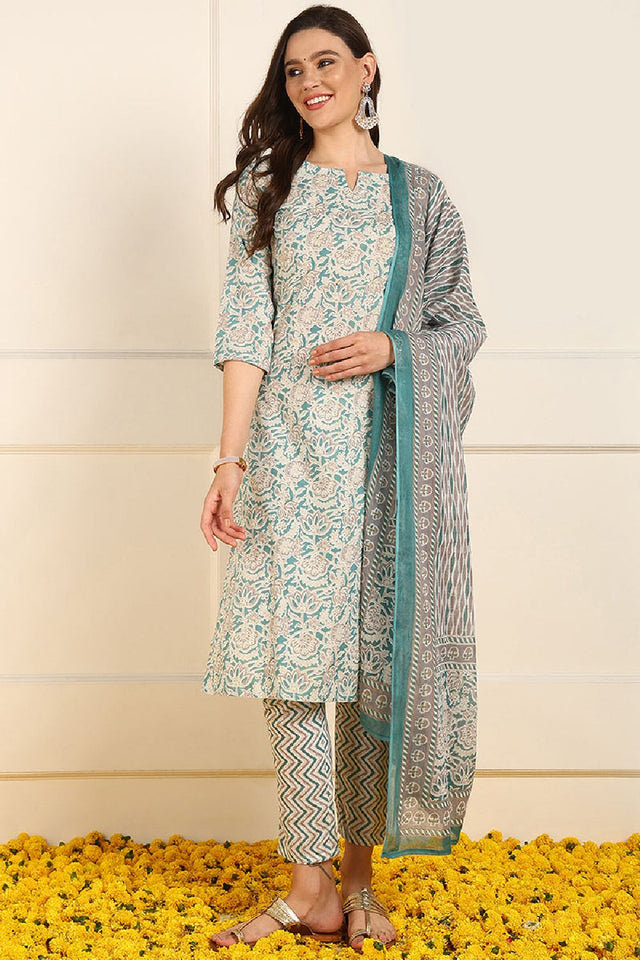Teal Pure Cotton Floral Printed Straight Cut Suit Set