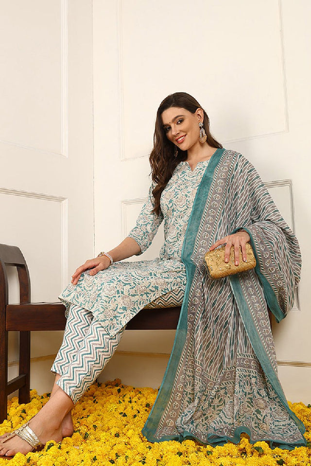 Teal Pure Cotton Floral Printed Straight Cut Suit Set