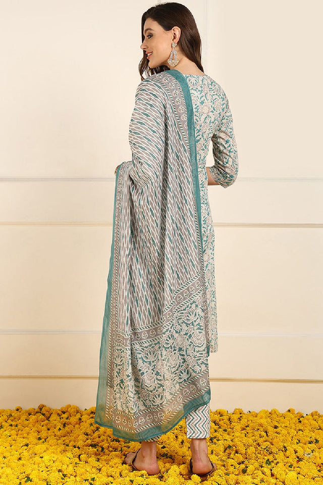 Teal Pure Cotton Floral Printed Straight Cut Suit Set