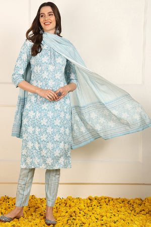 Blue Cotton Floral Printed Straight Cut Suit Set