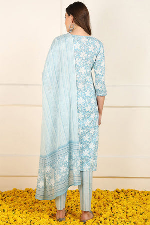 Blue Cotton Floral Printed Straight Cut Suit Set