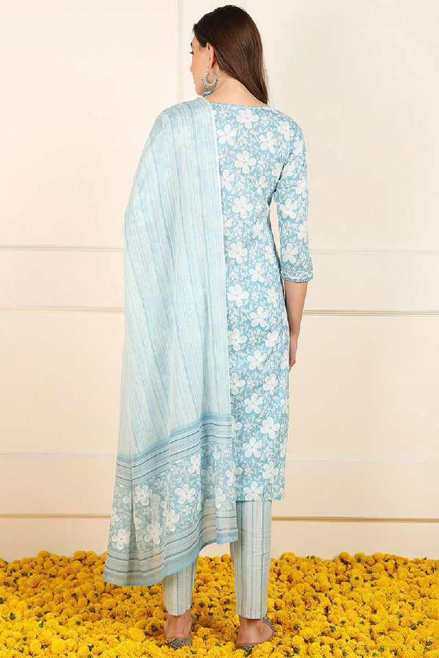 Blue Cotton Floral Printed Straight Cut Suit Set