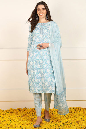 Blue Cotton Floral Printed Straight Cut Suit Set