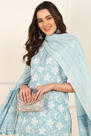Blue Cotton Floral Printed Straight Cut Suit Set
