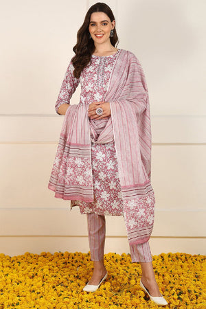 Pink Cotton Floral Printed Straight Cut Suit Set