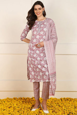 Pink Cotton Floral Printed Straight Cut Suit Set