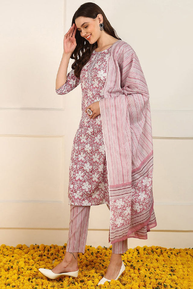 Pink Cotton Floral Printed Straight Cut Suit Set