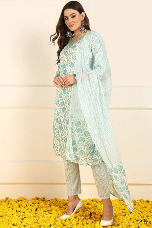 White Pure Cotton Floral Printed Straight Cut Suit Set