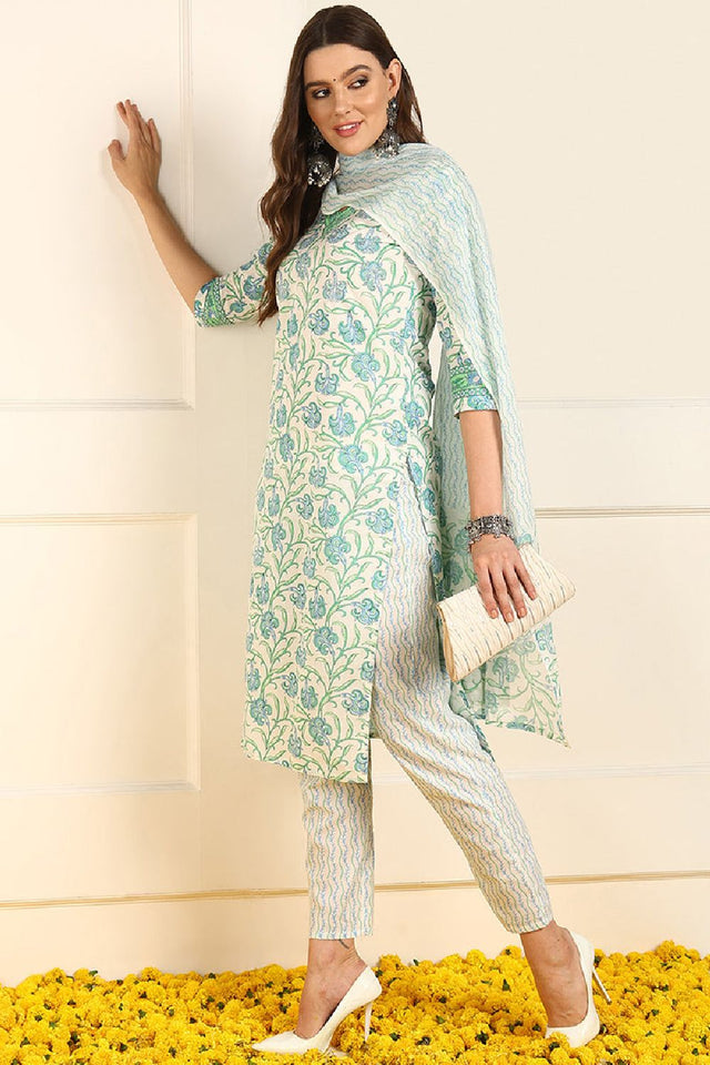 White Pure Cotton Floral Printed Straight Cut Suit Set