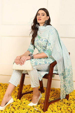 White Pure Cotton Floral Printed Straight Cut Suit Set