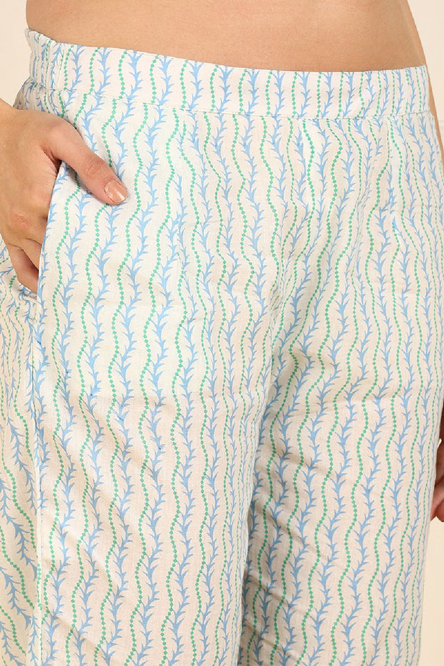 White Pure Cotton Floral Printed Straight Cut Suit Set