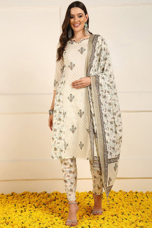 Cream Pure Cotton Ethnic Motifs Printed Straight Cut Suit Set