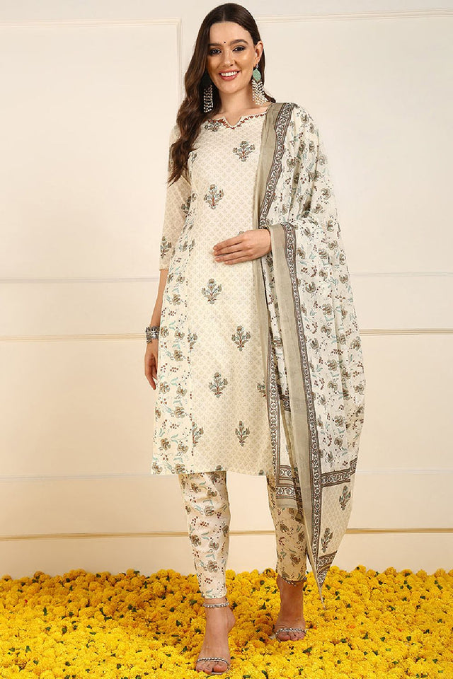 Cream Pure Cotton Ethnic Motifs Printed Straight Cut Suit Set