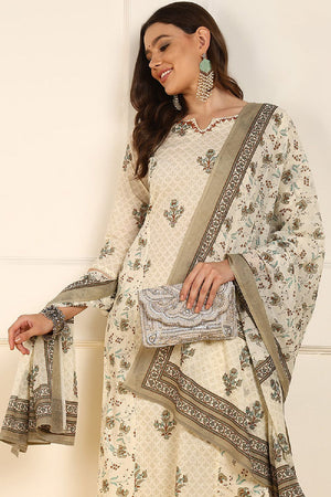 Cream Pure Cotton Ethnic Motifs Printed Straight Cut Suit Set