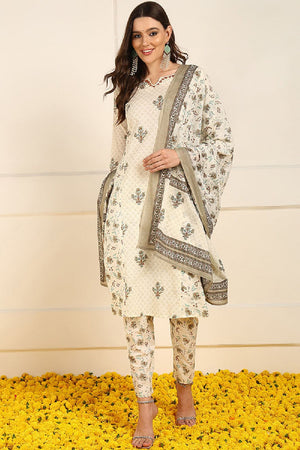 Cream Pure Cotton Ethnic Motifs Printed Straight Cut Suit Set