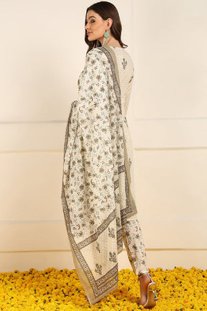 Cream Pure Cotton Ethnic Motifs Printed Straight Cut Suit Set