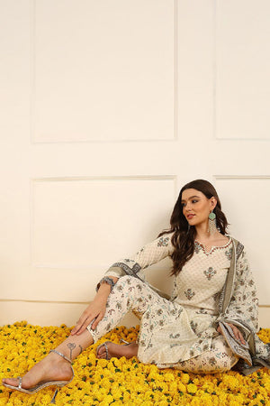 Cream Pure Cotton Ethnic Motifs Printed Straight Cut Suit Set