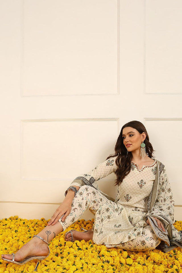 Cream Pure Cotton Ethnic Motifs Printed Straight Cut Suit Set