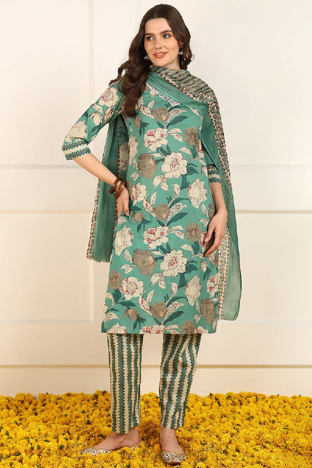 Green Cotton Floral Printed Straight Cut Suit Set