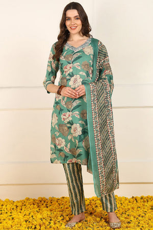 Green Cotton Floral Printed Straight Cut Suit Set