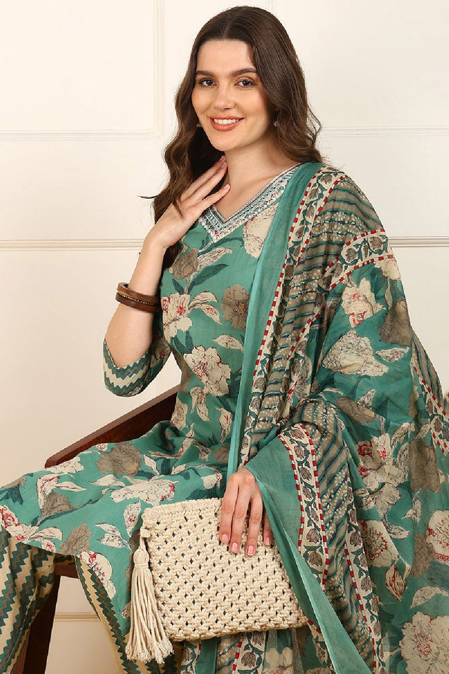 Green Cotton Floral Printed Straight Cut Suit Set