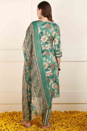 Green Cotton Floral Printed Straight Cut Suit Set