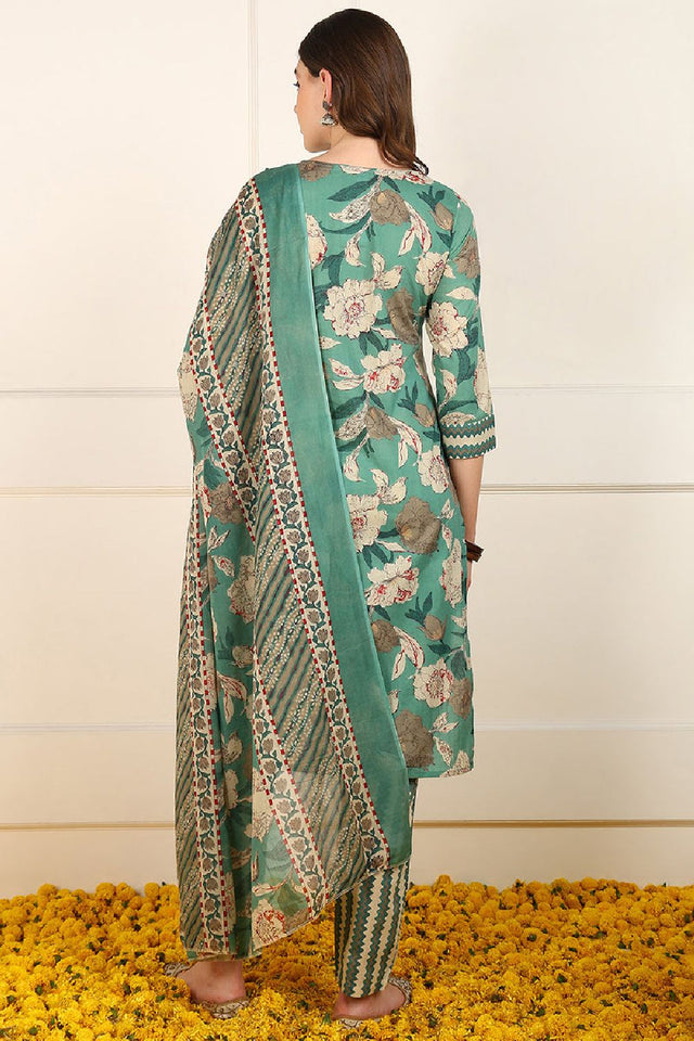 Green Cotton Floral Printed Straight Cut Suit Set