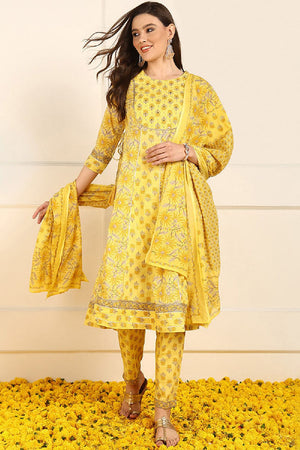 Yellow Pure Cotton Floral Embroidered Anarkali Suit Set