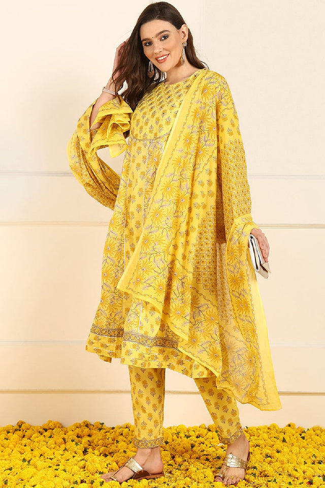 Yellow Pure Cotton Floral Embroidered Anarkali Suit Set