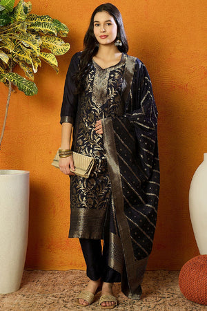 Navy Blue Poly Chanderi Jacquard Straight Cut Suit Set