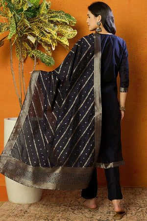Navy Blue Poly Chanderi Jacquard Straight Cut Suit Set