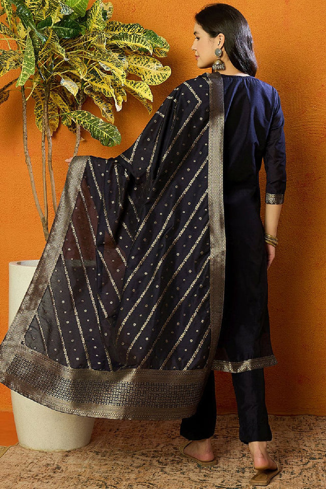 Navy Blue Poly Chanderi Jacquard Straight Cut Suit Set