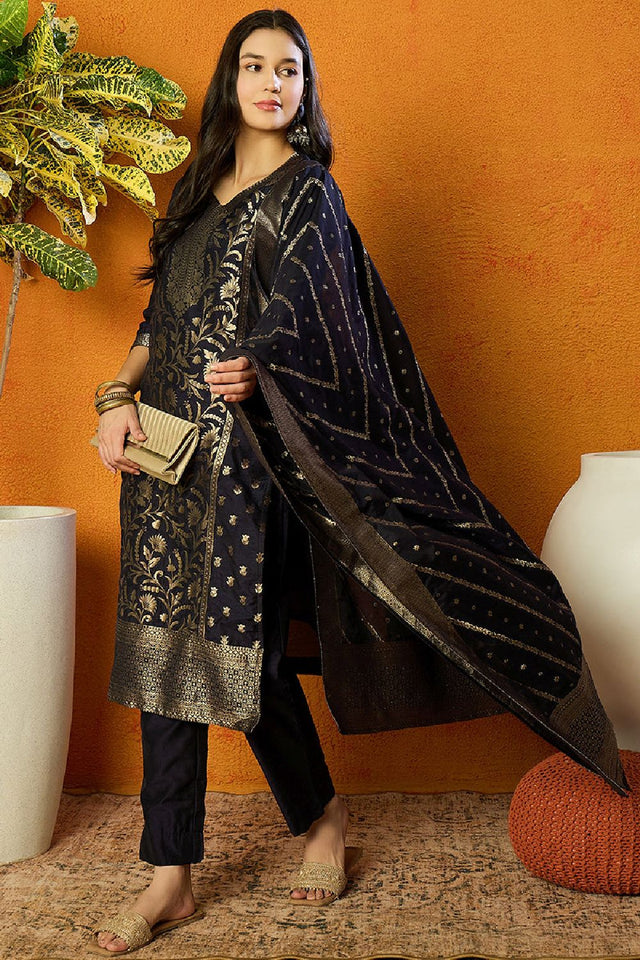 Navy Blue Poly Chanderi Jacquard Straight Cut Suit Set