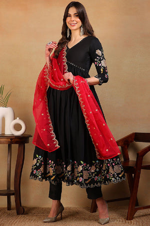Black Silk Blend Solid Embroidered Flared Empire Anarkali Suit Set