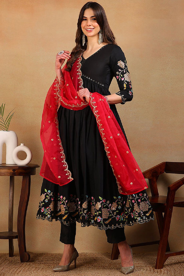 Black Silk Blend Solid Embroidered Flared Empire Anarkali Suit Set