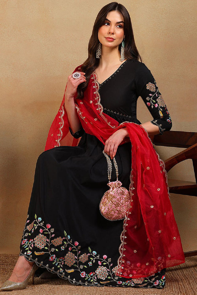 Black Silk Blend Solid Embroidered Flared Empire Anarkali Suit Set