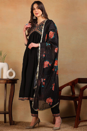 Black Silk Blend Solid Embroidered Flared Empire Anarkali Suit Set