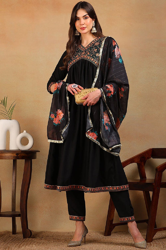 Black Silk Blend Solid Embroidered Flared Empire Anarkali Suit Set