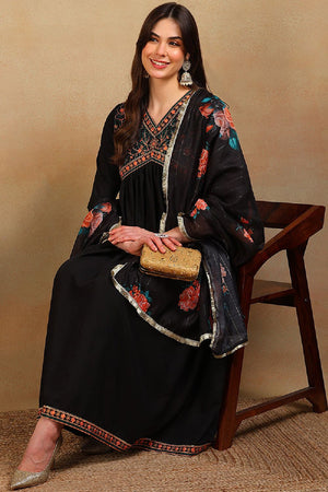 Black Silk Blend Solid Embroidered Flared Empire Anarkali Suit Set