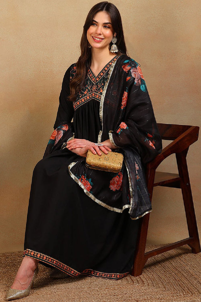 Black Silk Blend Solid Embroidered Flared Empire Anarkali Suit Set