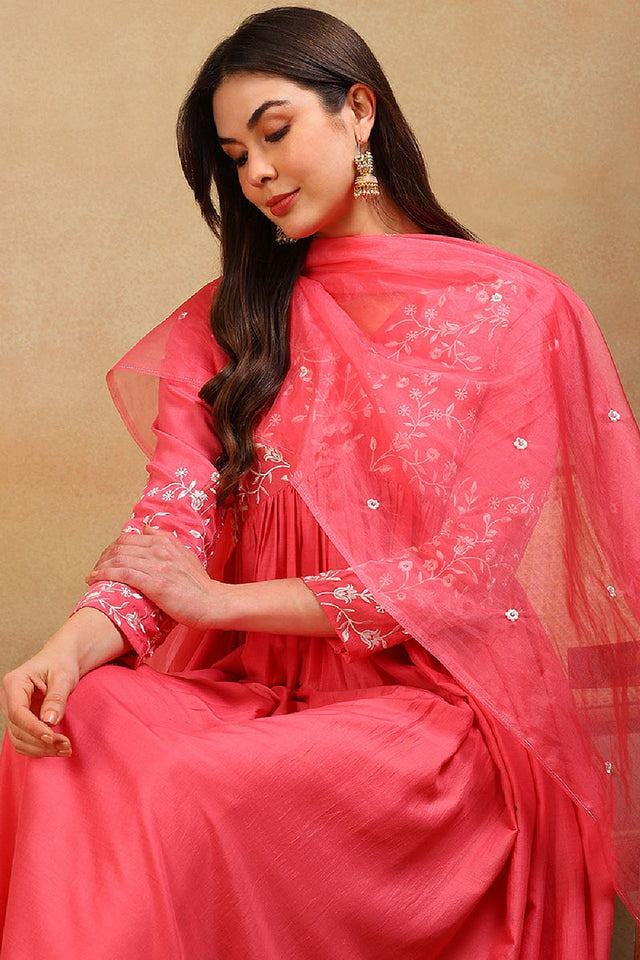 Pink Silk Blend Solid Embroidered Flared Empire Anarkali Suit Set