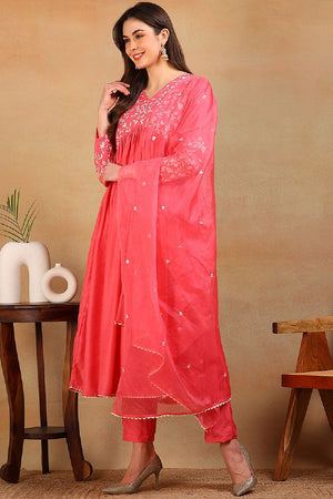 Pink Silk Blend Solid Embroidered Flared Empire Anarkali Suit Set